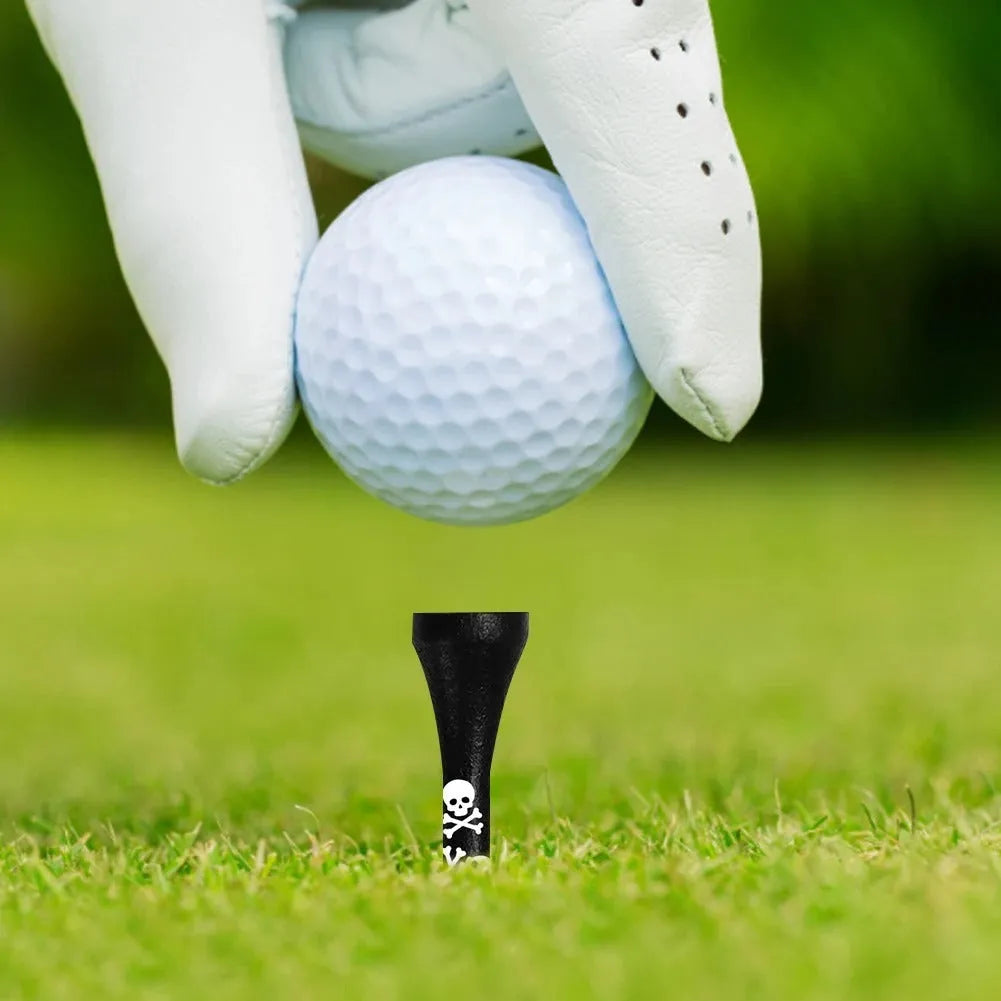 Black bamboo golf shoe dowel pins with skull print in 70mm and 83mm sizes, pack of 10