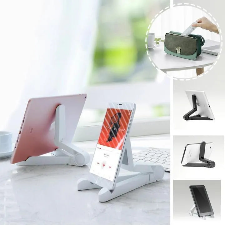 Black foldable tablet holder open on a desk supporting a tablet in landscape mode.