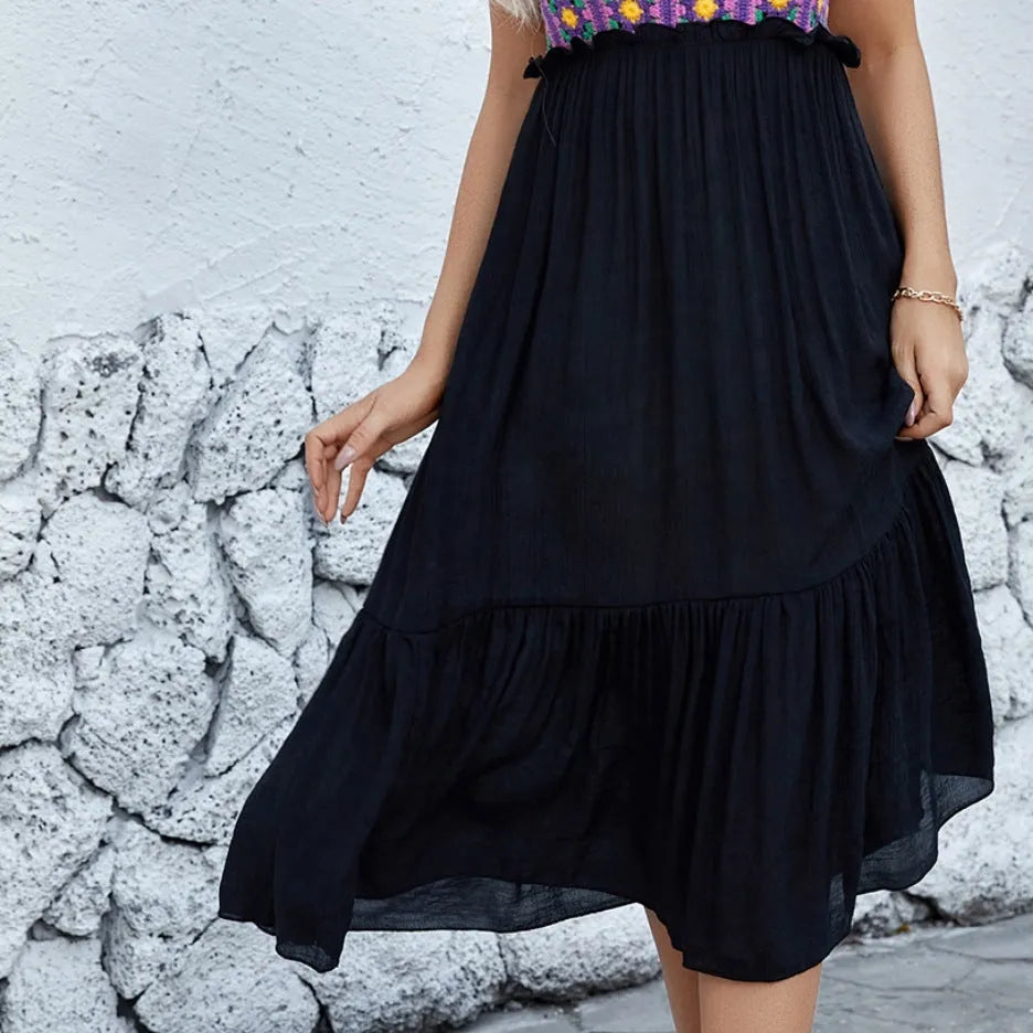 Purple sleeveless dress with hand-hooked floral stitching pattern on cotton blend fabric