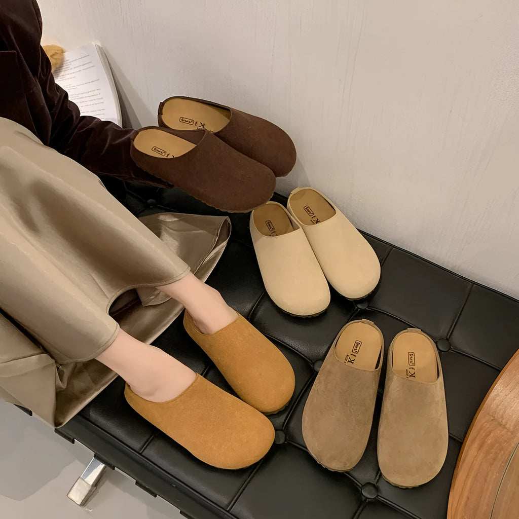 Korean style women's flat slip-on summer slippers in apricot colour with square toe and microfiber upper.