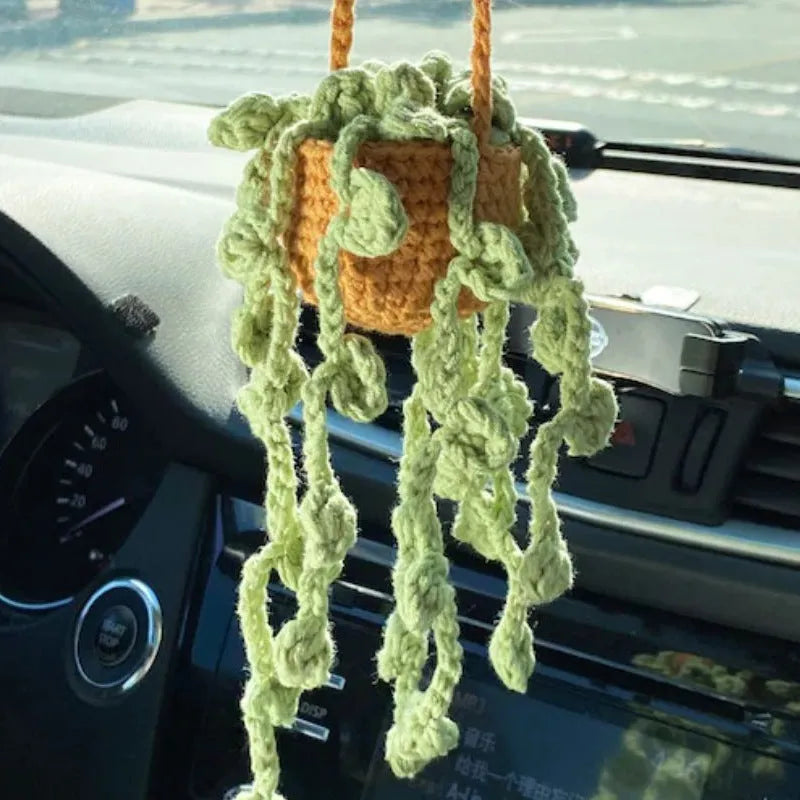 Green and white knitted wool car plant decoration hanging from 25cm white rope