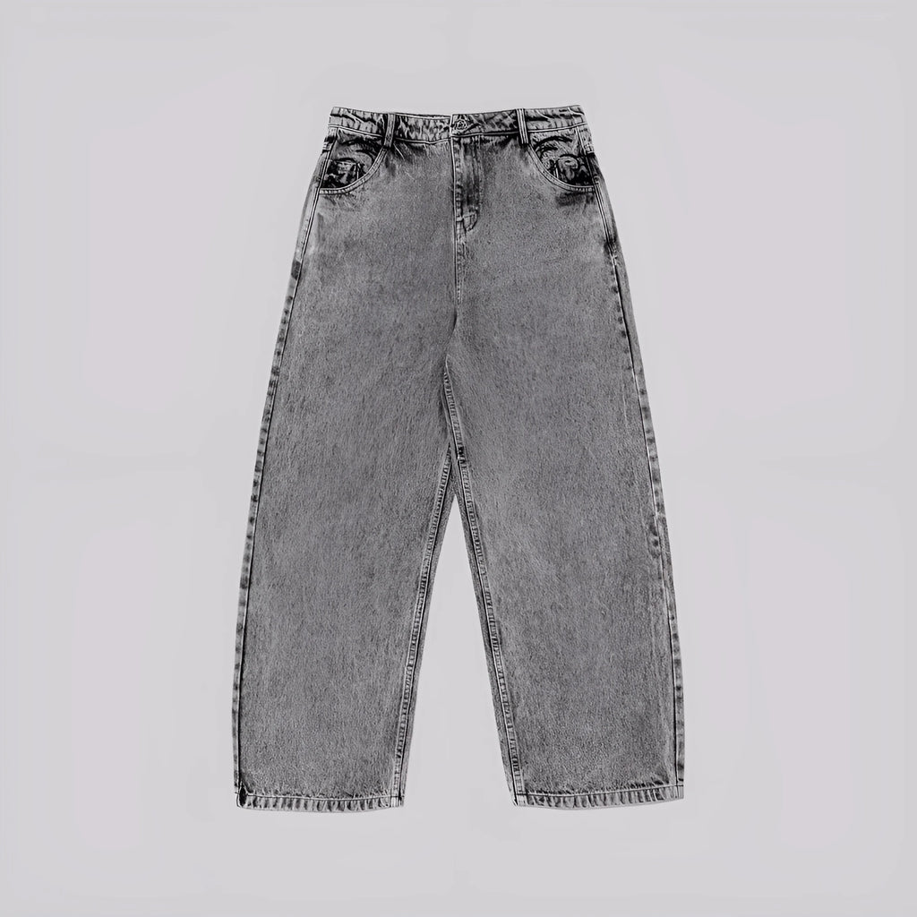 Grey loose straight-leg cotton denim trousers with mid waist design on hanger