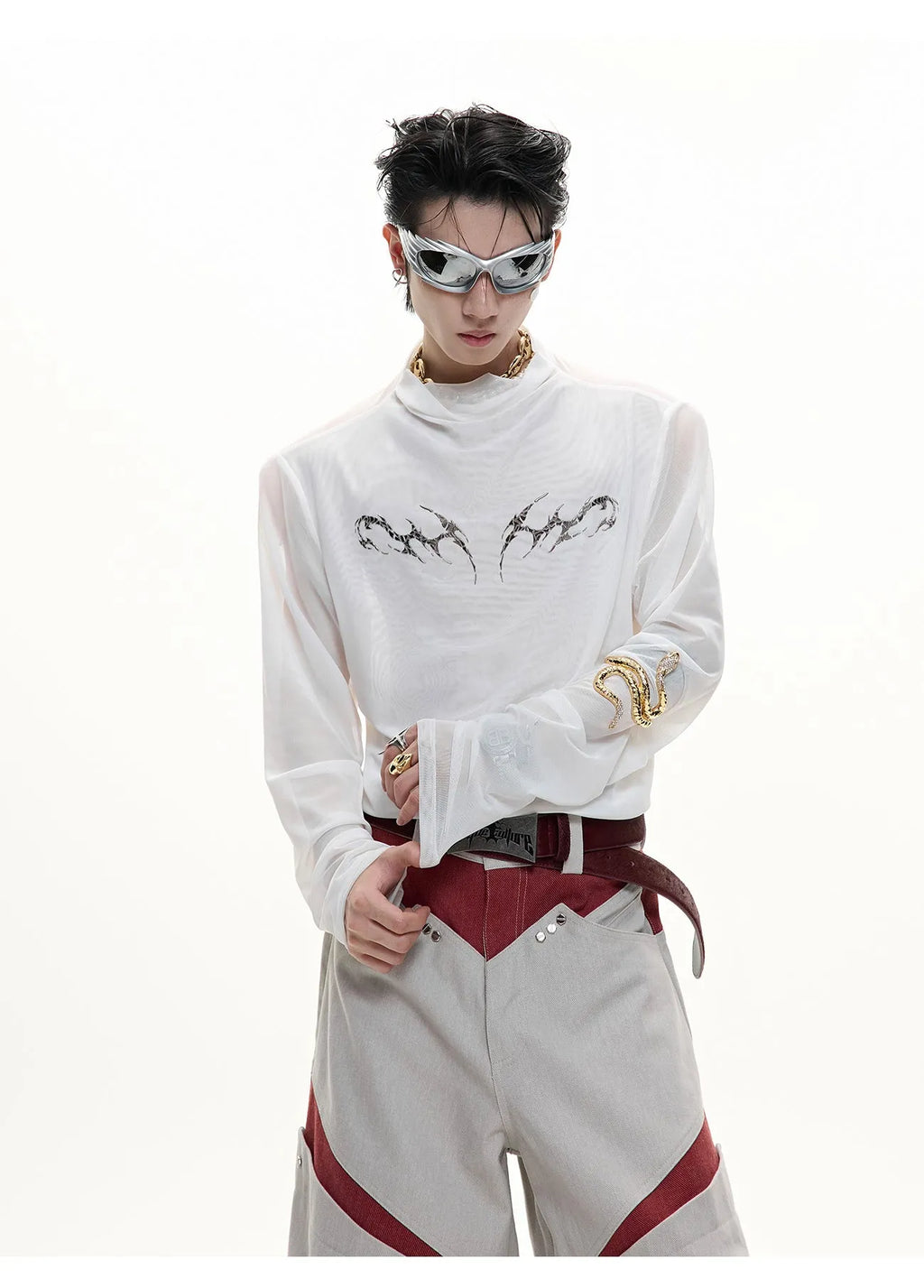 Black slim fit long sleeve niche mesh shirt for men on a white background