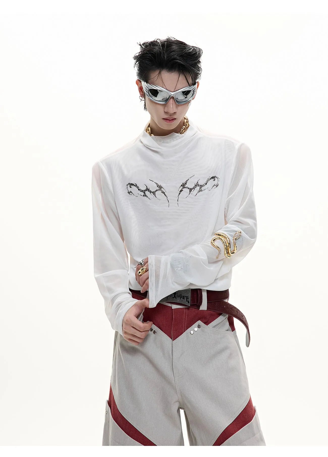 Black slim fit long sleeve niche mesh shirt for men on a white background
