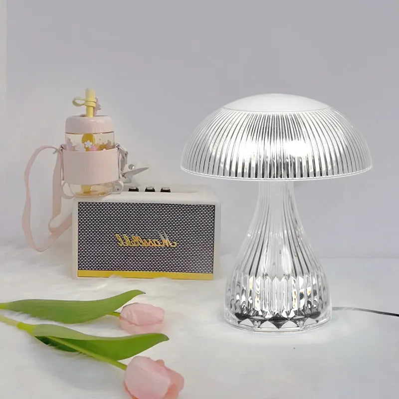 White acrylic touch night lamp with USB charging port showing three-colour LED illumination