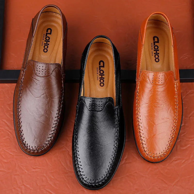 Men's cowhide leather shoes in business casual style with round toe and flat rubber sole