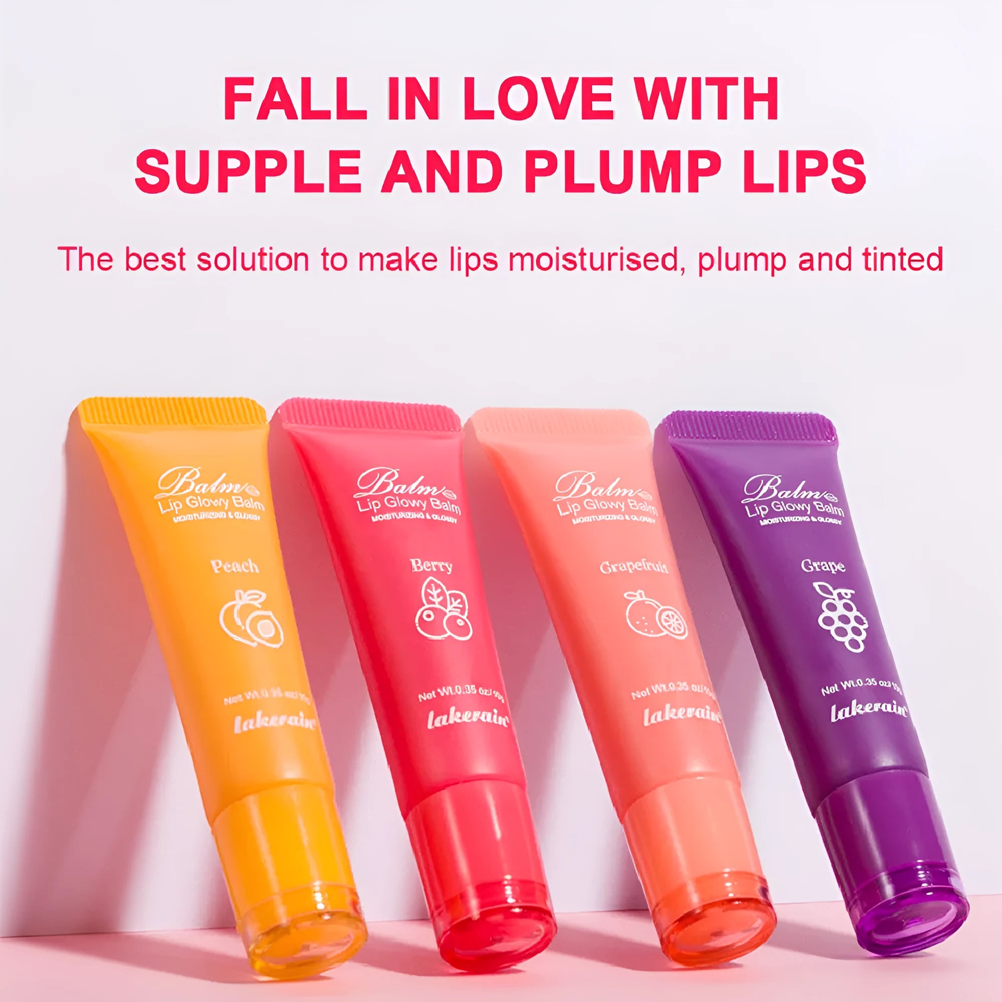 Women's flavoured lip gloss set showing four fruit flavour options