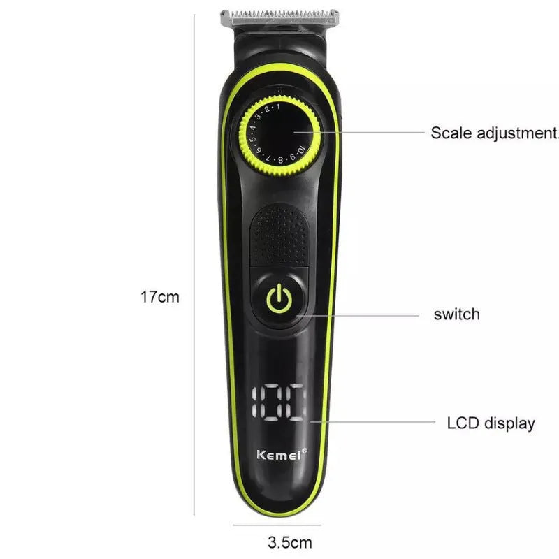 Black KM-696 USB rechargeable electric hair clipper set with stainless steel blades and cleaning brush.
