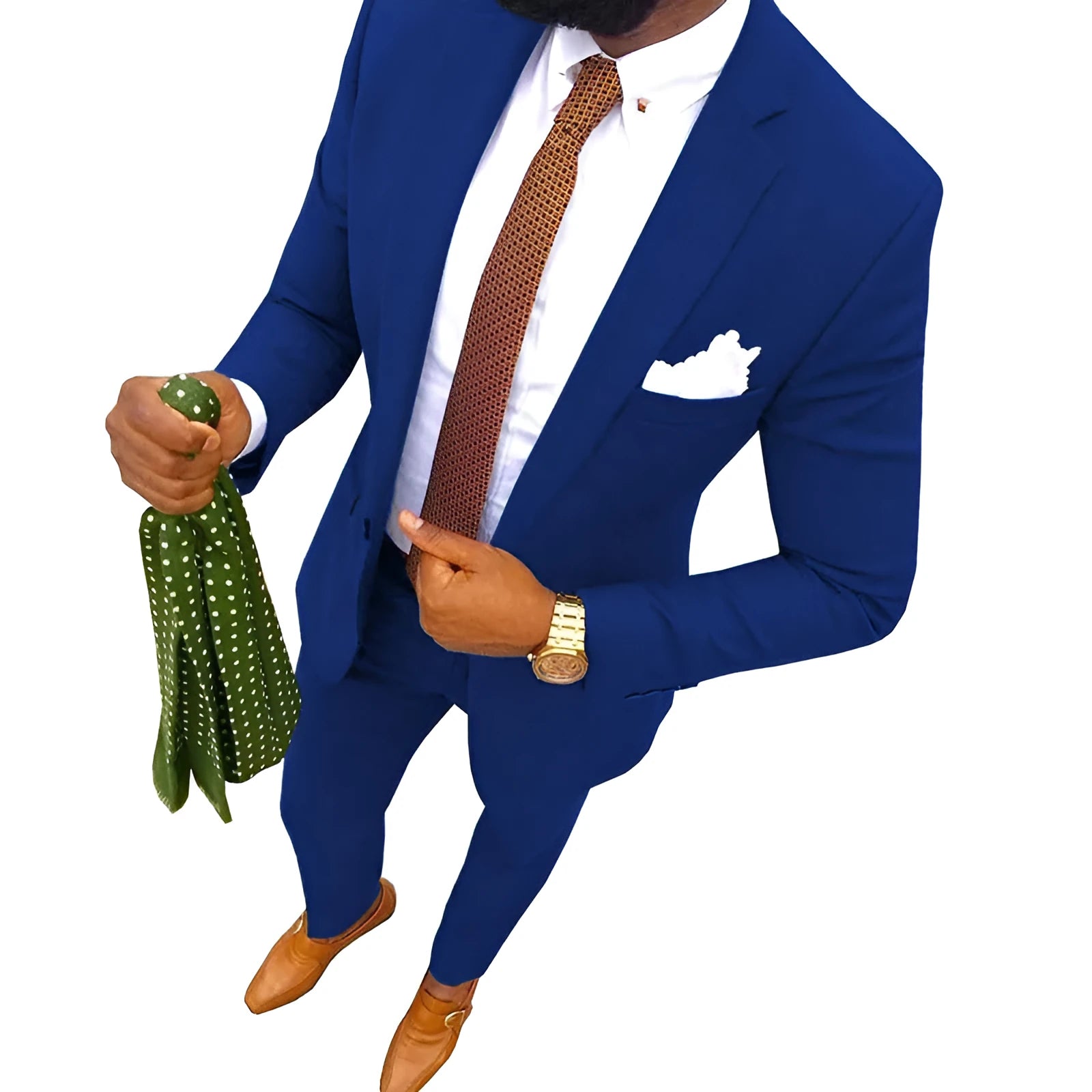 Men's multi-colour cotton banquet suit with jacket and trousers on a hanger