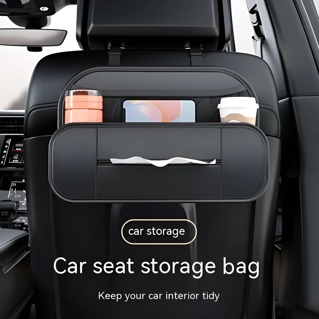 Black leather car seat rear storage bag measuring 36x24x8cm hanging on a vehicle seat back