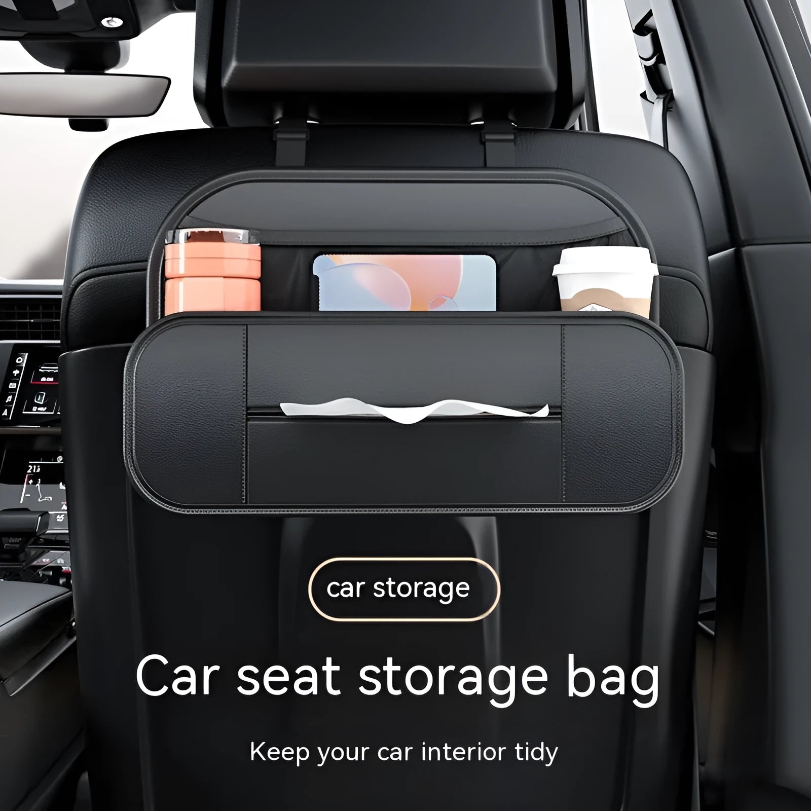 Black leather car seat rear storage bag measuring 36x24x8cm hanging on a vehicle seat back