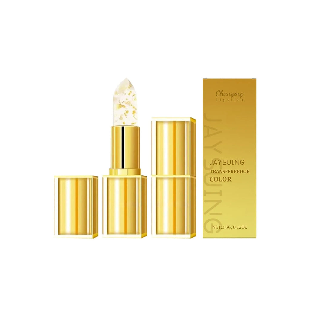 Square gold foil hydrating lipstick with 3.5g content containing hyaluronic acid and vitamin E