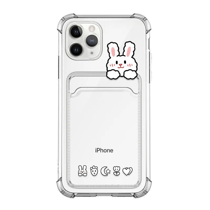 Transparent cartoon printed phone case with card slots for Apple iPhone.
