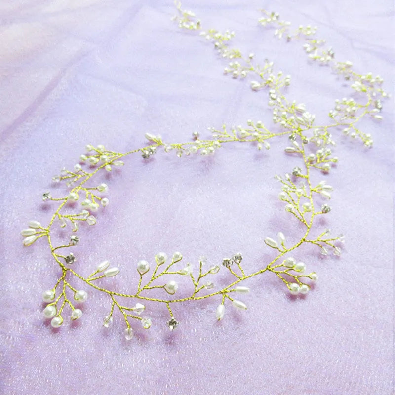 Silver wedding hair band with crystals and pearls on a long wire, shown at 100cm length