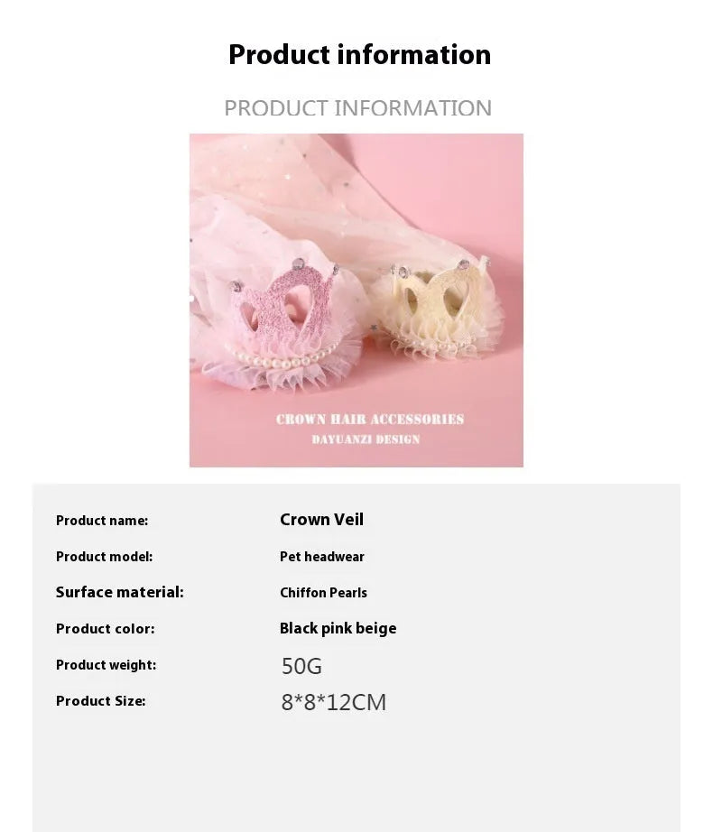 Pet wedding princess crown headdress with adjustable tie in cotton-polyester blend