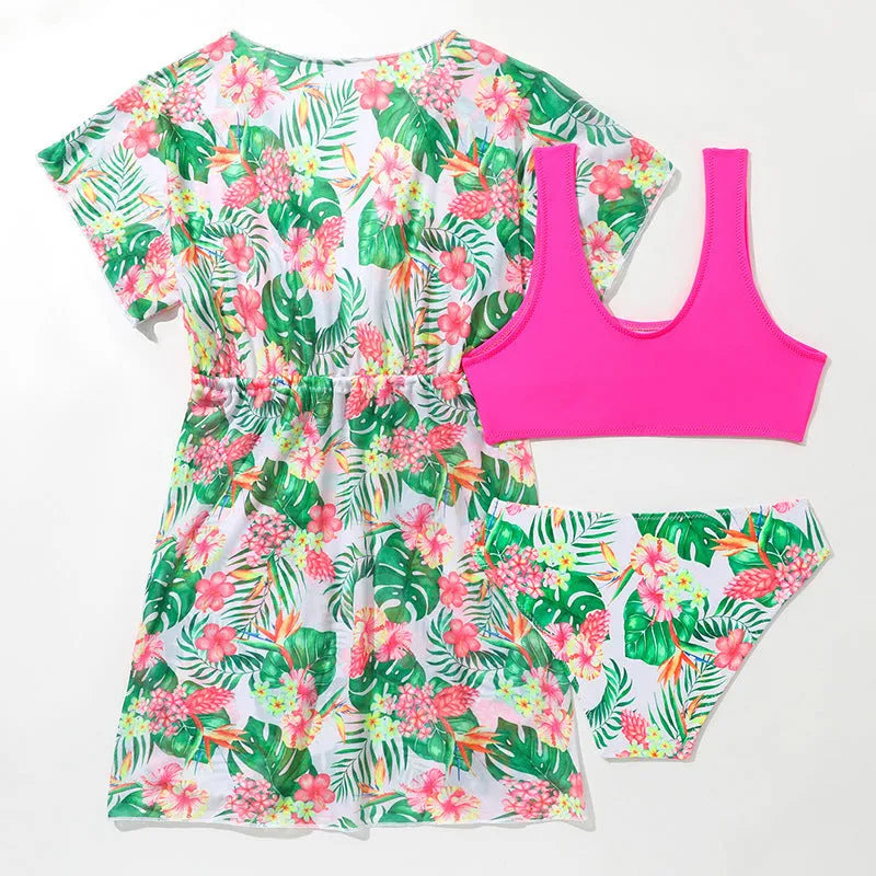 Girls floral two-piece swimsuit set with matching overclothes in picture colour