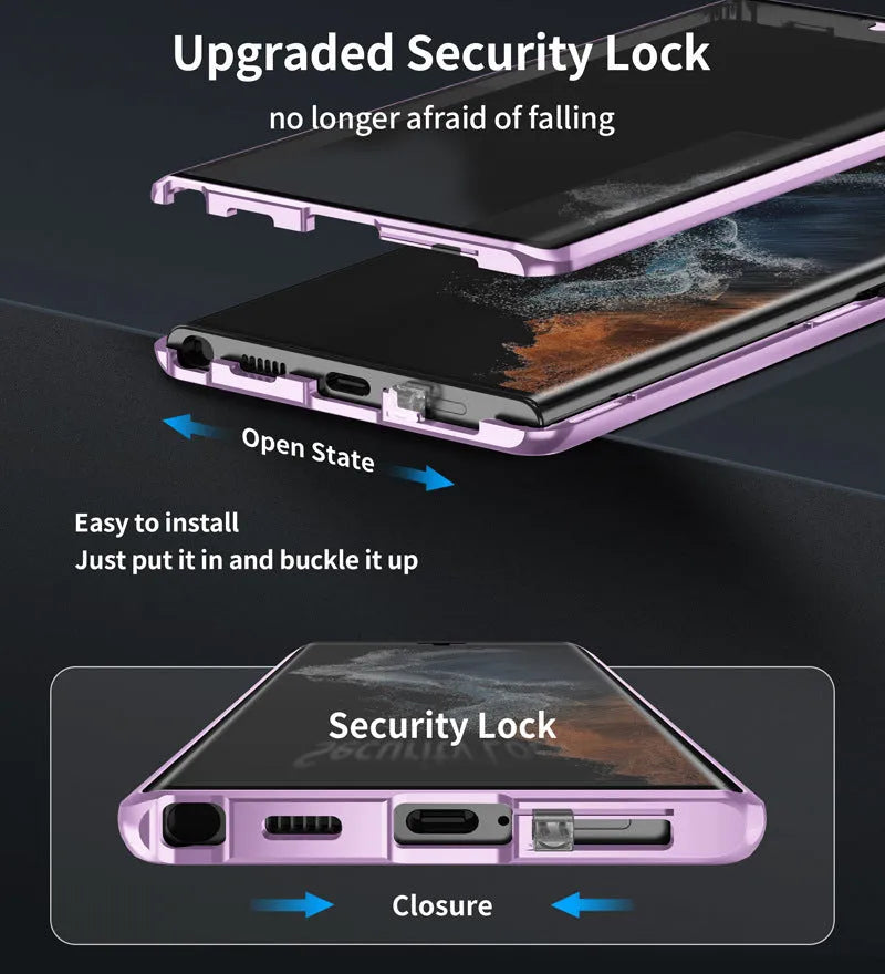 Magnetic mirror phone case with peep-proof screen for Samsung Galaxy S24 Ultra in black, showing magnetic backplate.