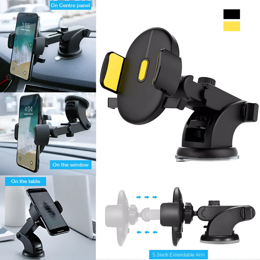 Yellow and black telescopic car dashboard phone holder with suction cup mount extended