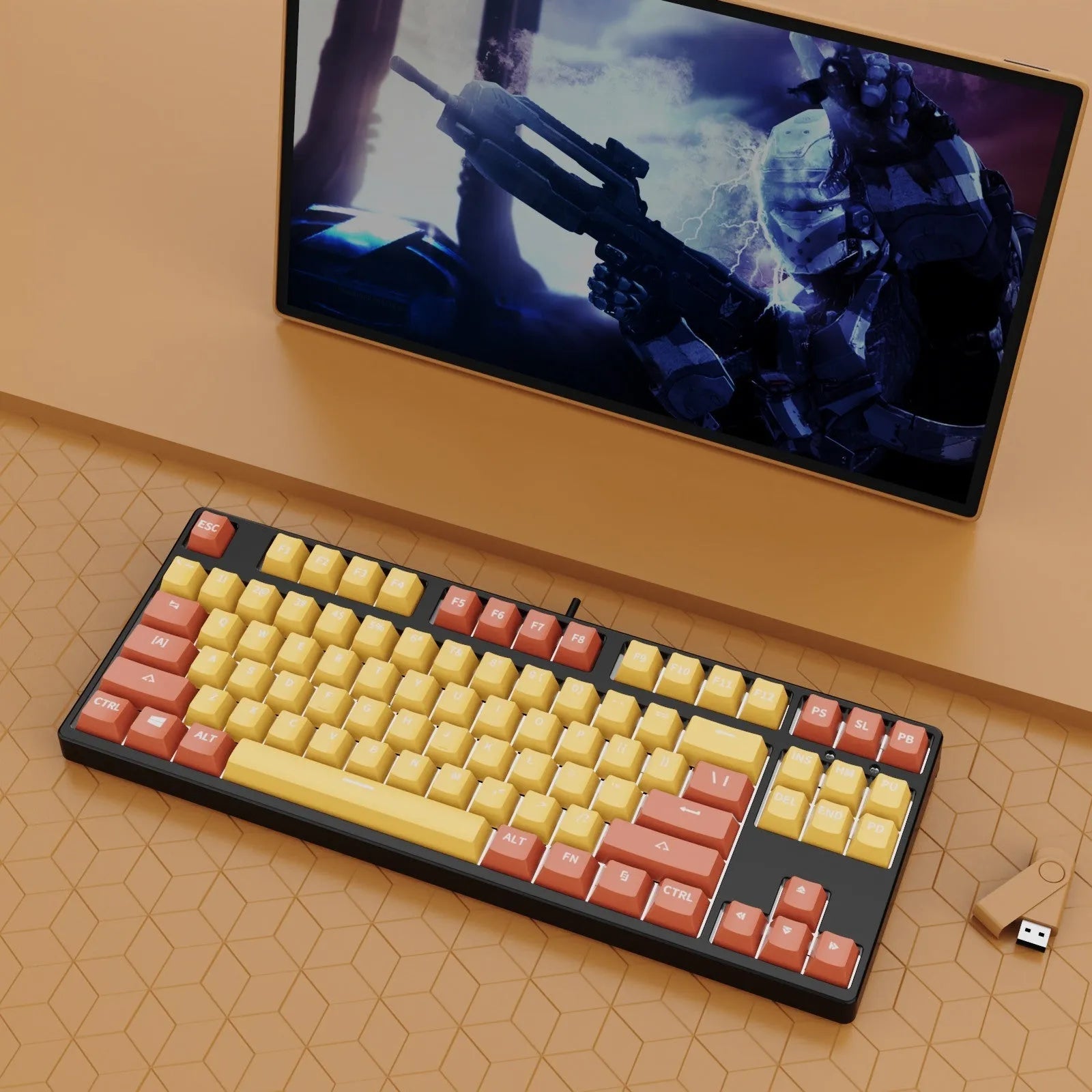 87 key wired mechanical keyboard with metal chassis shown in a black, orange, and yellow colour configuration.