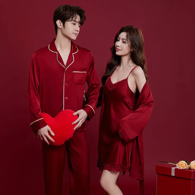 Red polyester wedding dowry suit set for a man and woman, featuring long sleeves and trousers.