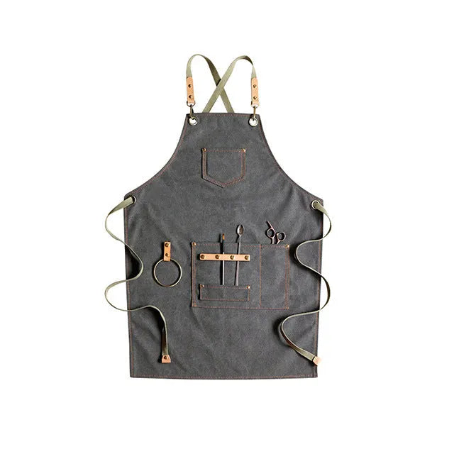 Canvas apron with cross-strap back design in camel colour for work protection