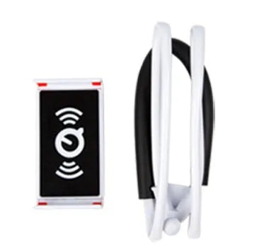 Neck phone holder with adjustable clamp for smartphones, shown in multiple colour options