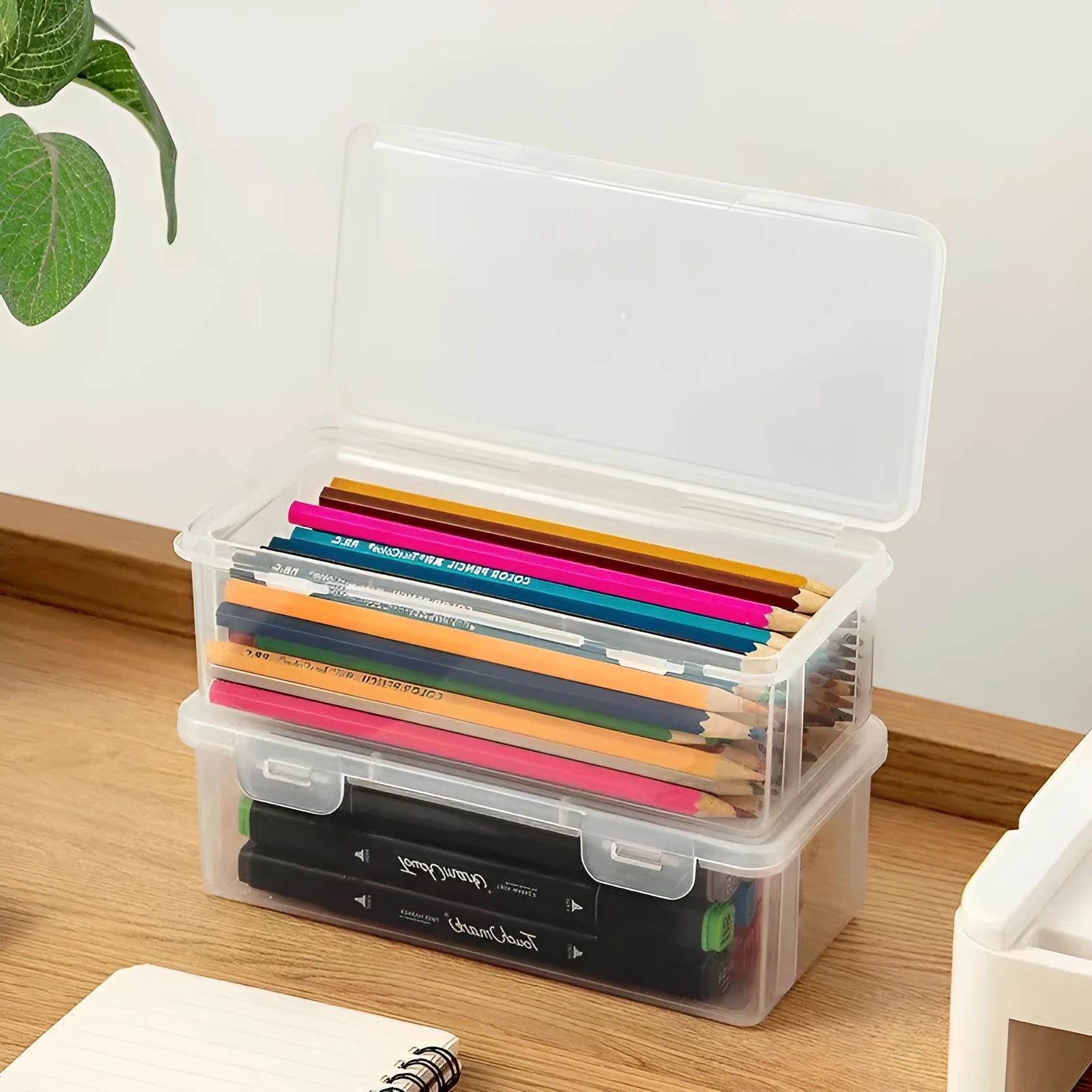 Transparent plastic stationery storage box for pencils and drawing supplies