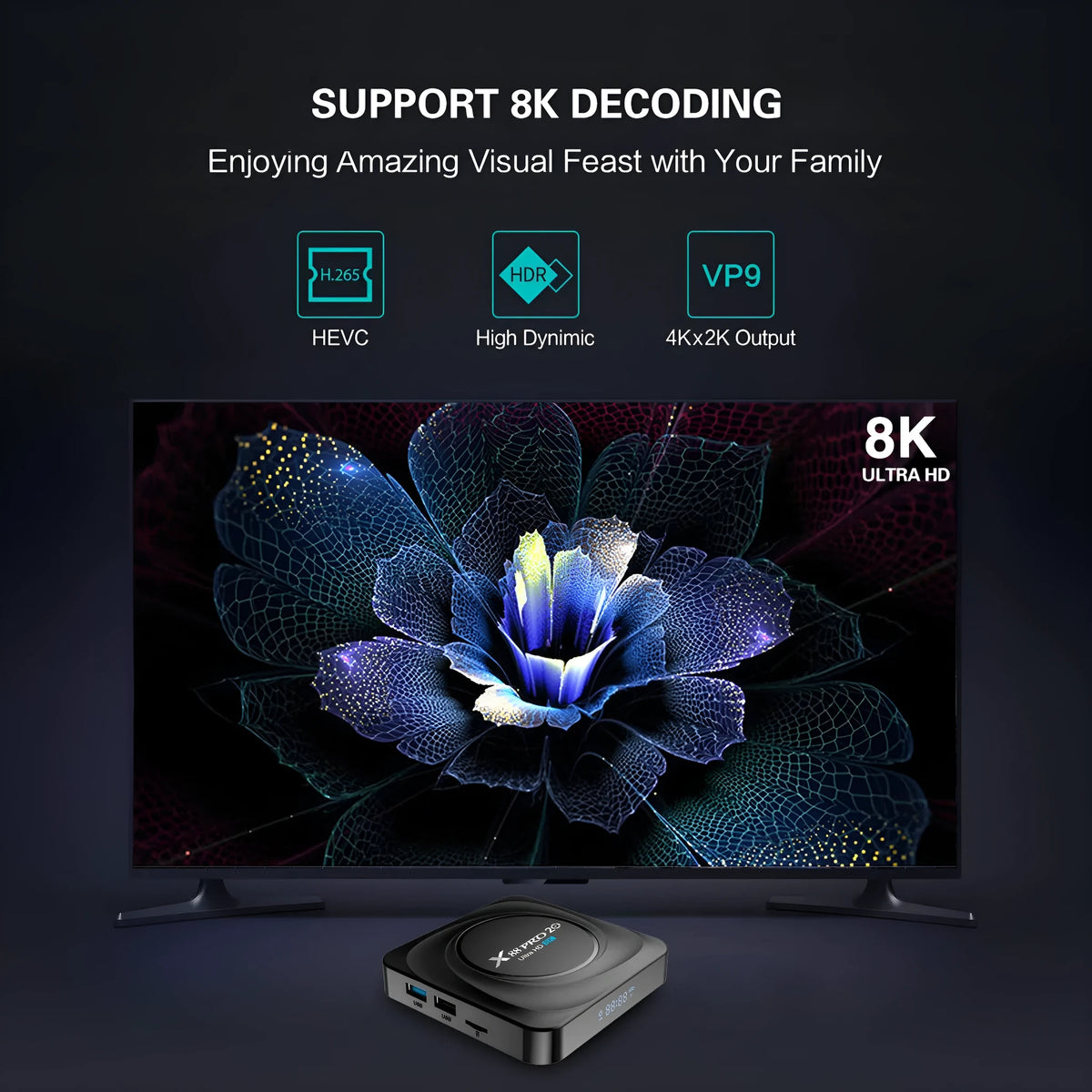 Compact black Android 11 TV box with HDMI port, remote control, and power supply on a wooden surface.