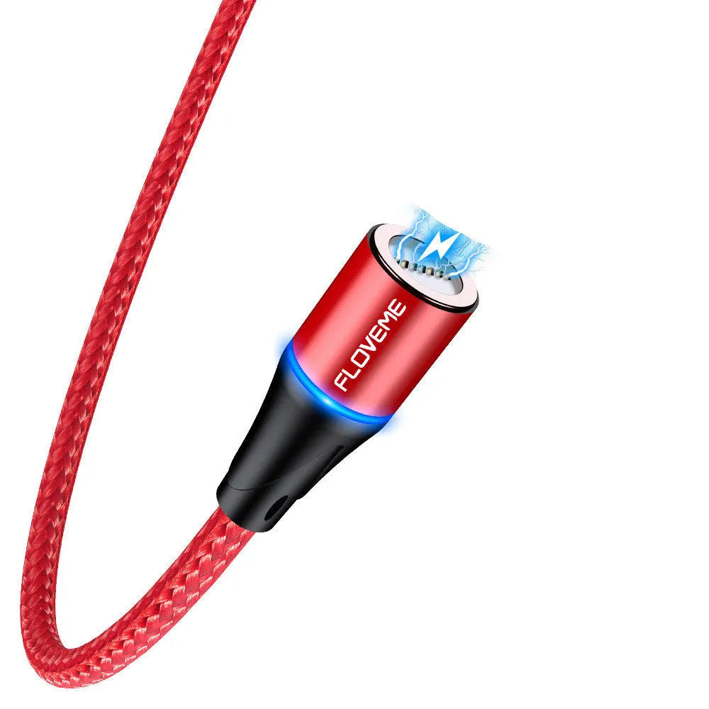 Black magnetic fast-charge data cable with glowing side lights next to a smartphone.