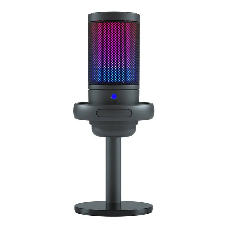 USB condenser microphone with colourful LED lights showing heart-shaped polar pattern for streaming and recording