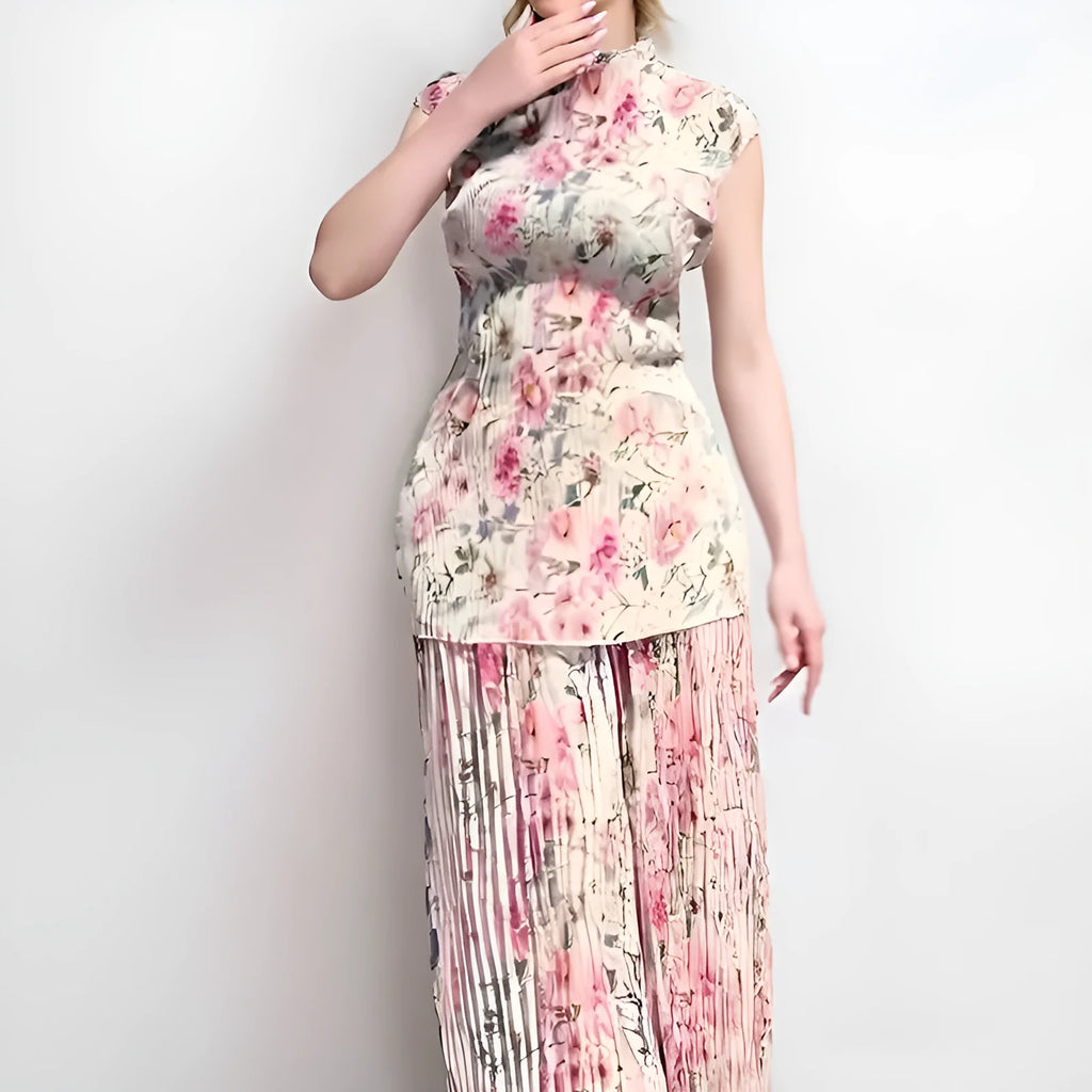 Long sleeve printed chiffon dress set with high waist skirt and matching top in picture colour floral design