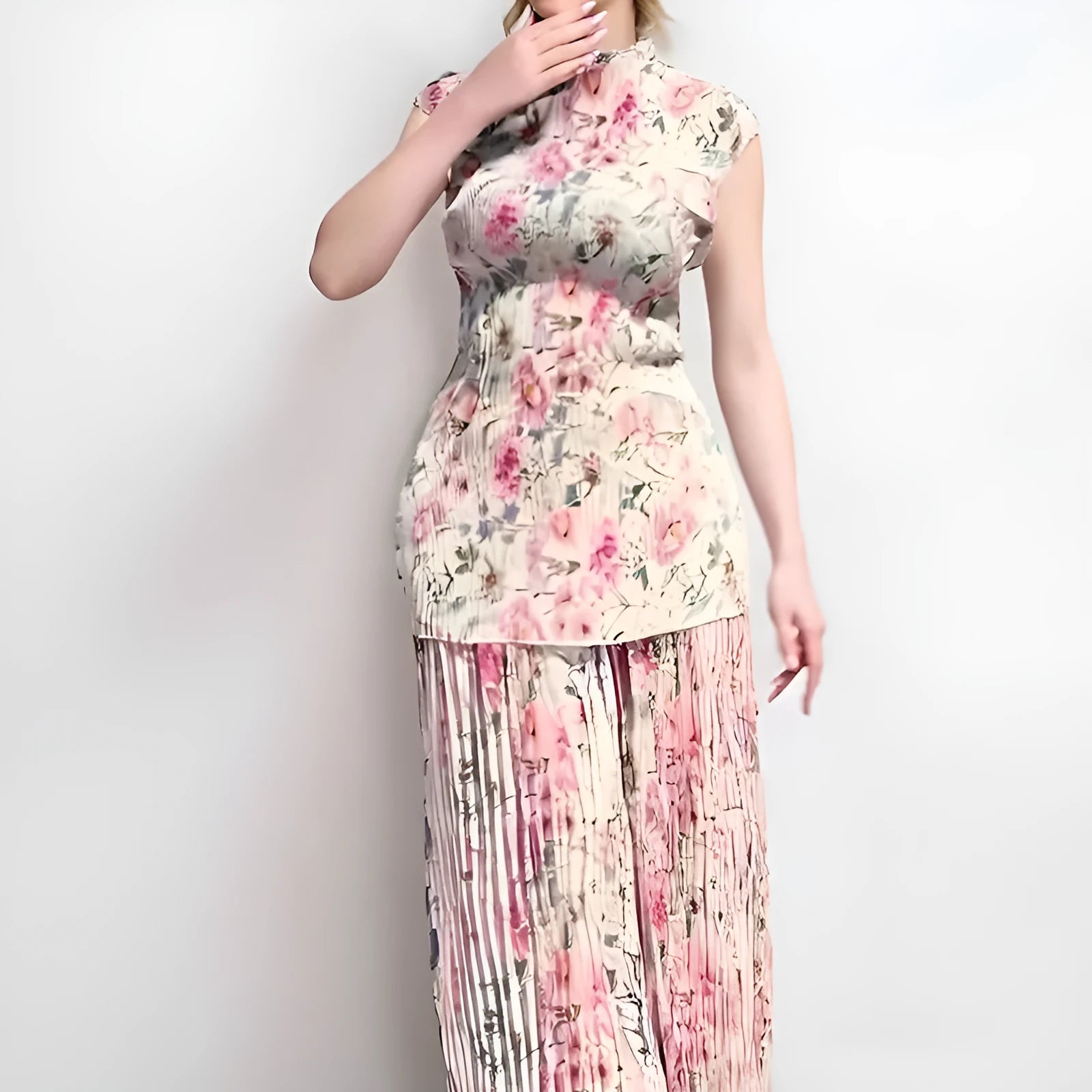 Long sleeve printed chiffon dress set with high waist skirt and matching top in picture colour floral design