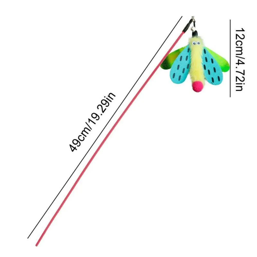 Blue cat wand toy with dragonfly attachment and bell on 49cm extendable stick