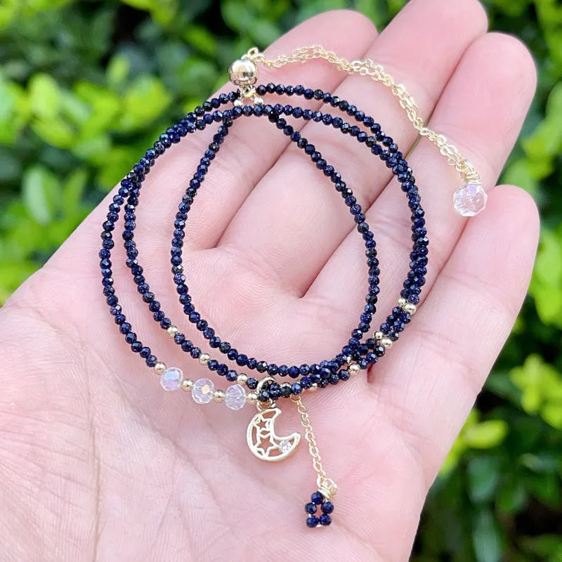 Blue sand stone and gold three-ring bracelet for women with layered construction