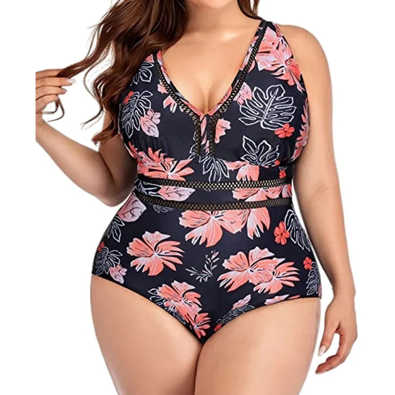 Black plus size women's bikini with a printed pattern, made from polyester mesh fabric.