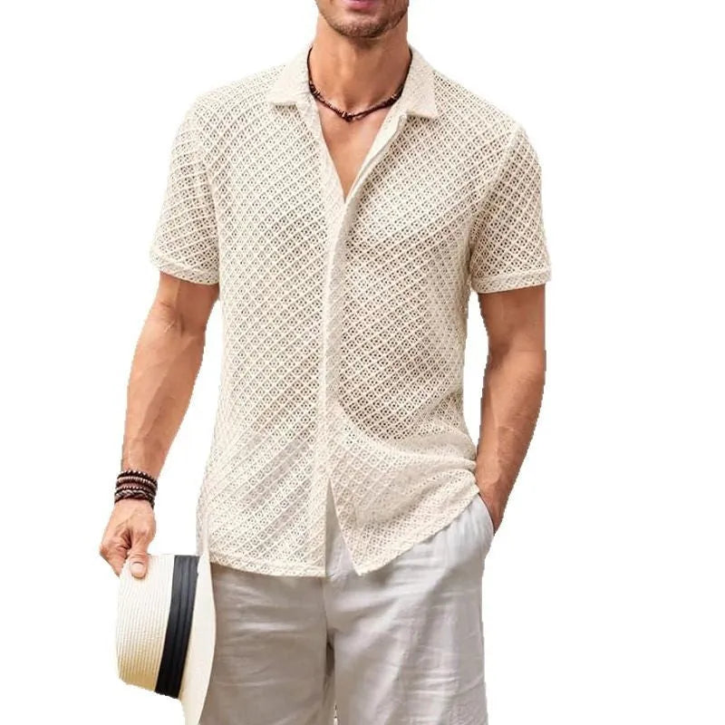 Men's cotton blend short sleeve shirt with lapel cardigan style in milky white