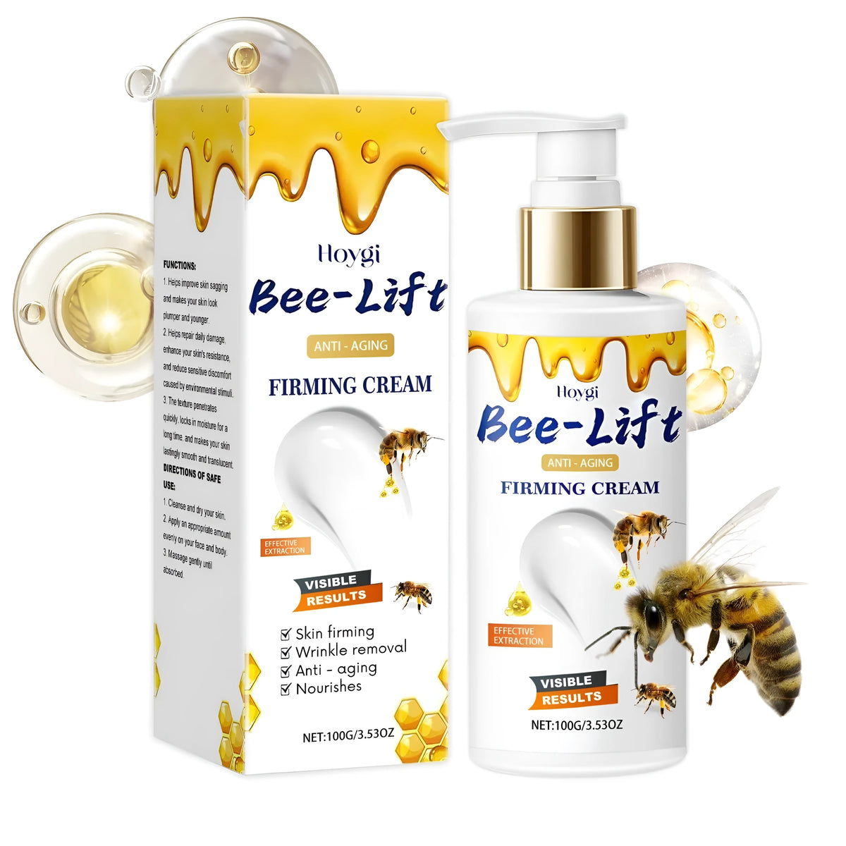 White 100g jar of firming cream with bee venom and hyaluronic acid.