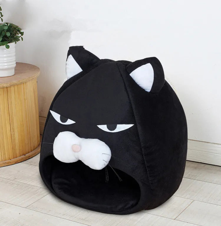 Black plush cat house bed with waterproof nylon base, removable washable cover, cube shape, 48cm and 38cm sizes