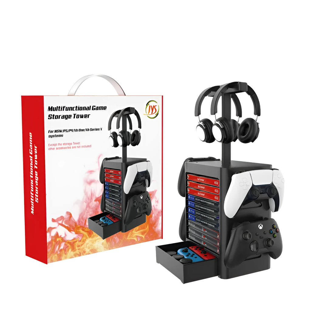 Black ABS gaming accessory storage rack with headphone top, side hooks for controllers, and a bottom drawer.