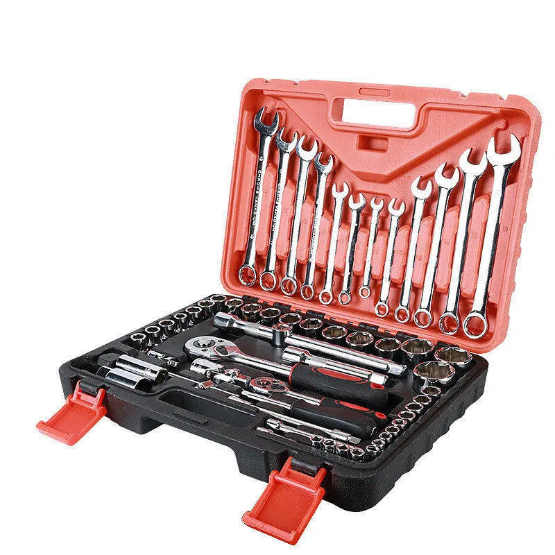 61-piece chrome vanadium steel mechanic tool set with ratchets, sockets, wrenches and extensions in a box.