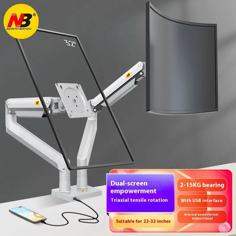 Dual monitor desk mount bracket in black or white with height adjustment mechanism