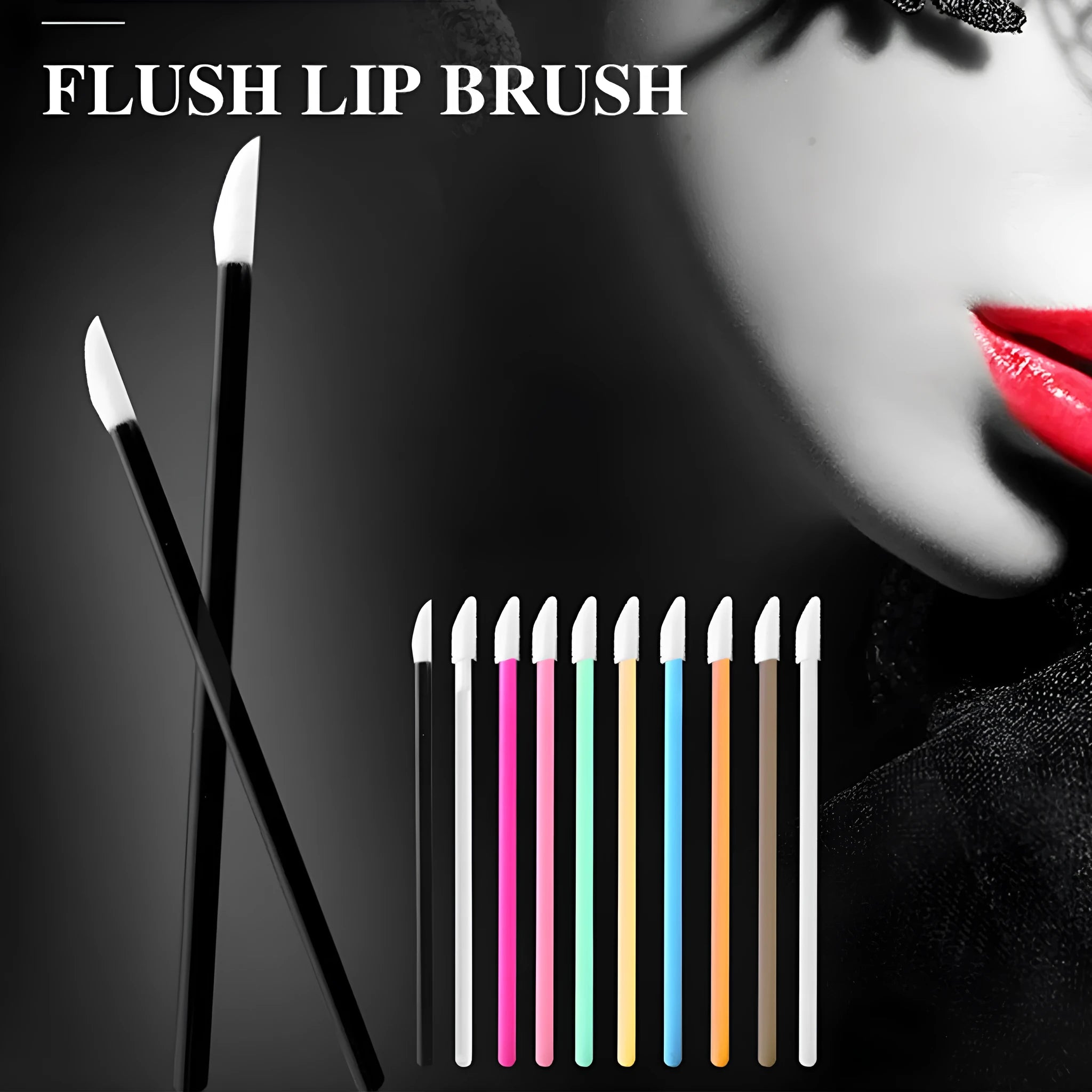 Pack of disposable lip brushes with flocked heads and coloured handles, shown in quantities from 200 to 500 pieces.