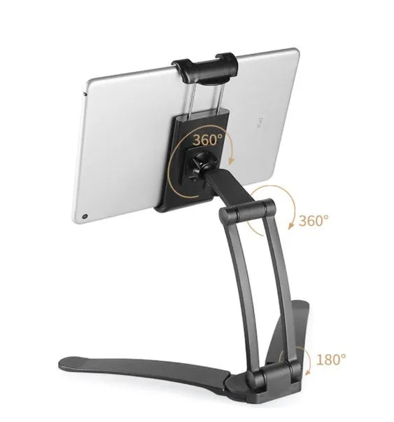 Silver and white aluminum alloy desktop stand holding a tablet at an adjustable angle.