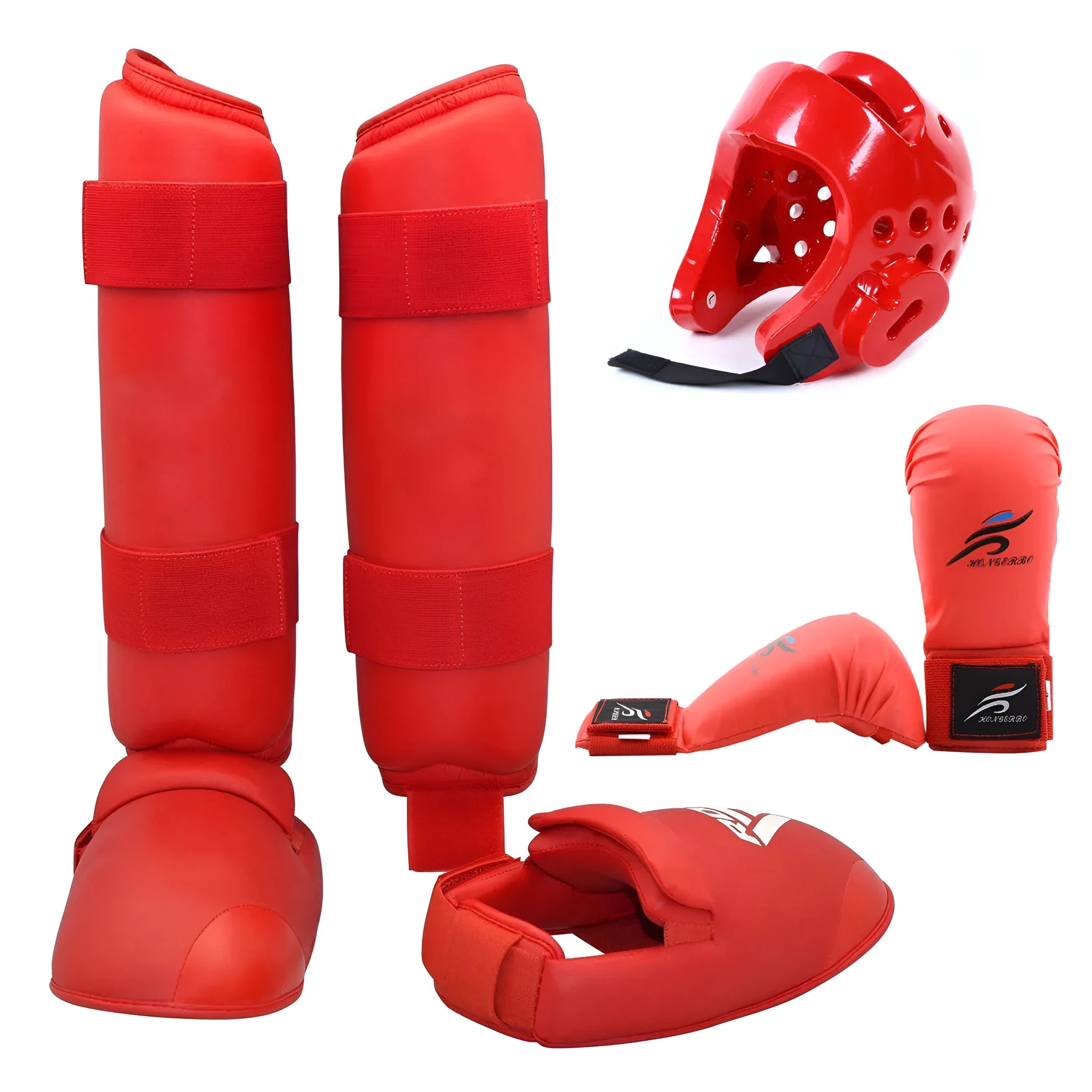 Karate and taekwondo protective gear set with red leg guards, helmet, and boxing gloves