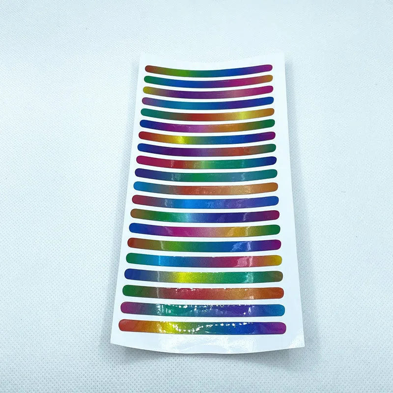 Pack of 20 arc-shaped reflective PVC stickers for car wheel hubs in various fluorescent and metallic colours