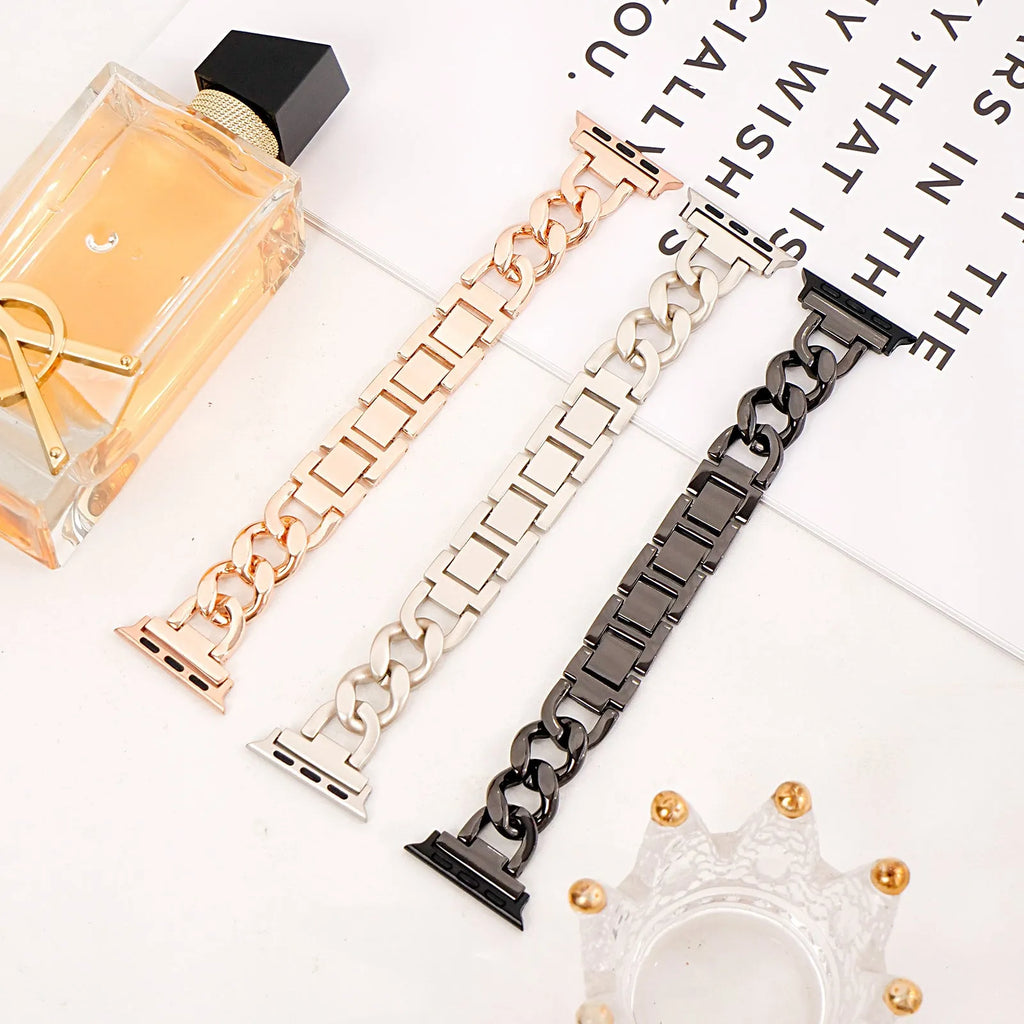 Denim chain metal Apple Watch strap in silver, black, gold, rose gold, and starlight colours for 38-49mm models