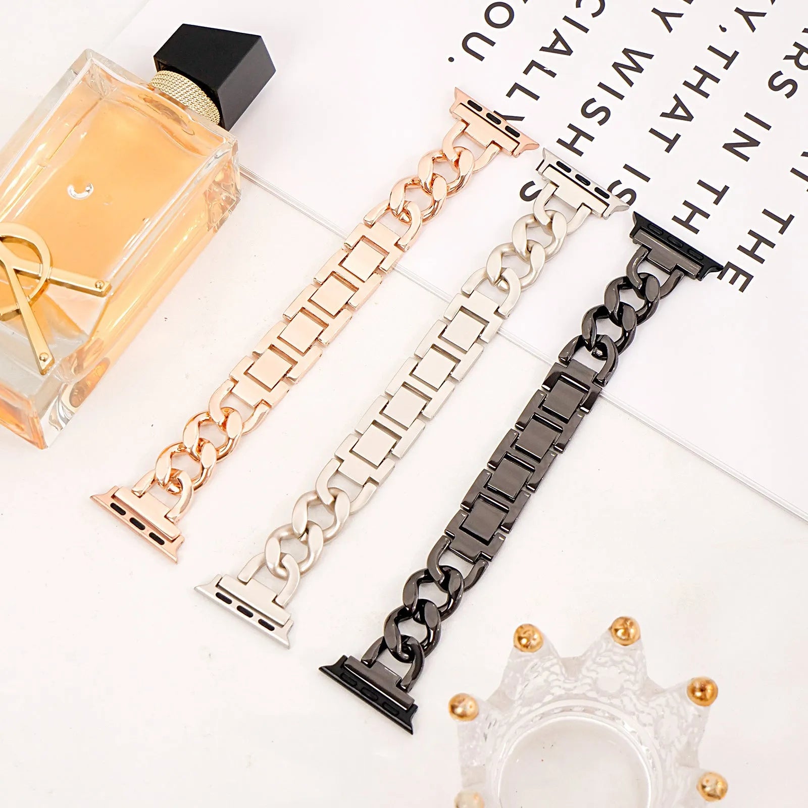 Denim chain metal Apple Watch strap in silver, black, gold, rose gold, and starlight colours for 38-49mm models