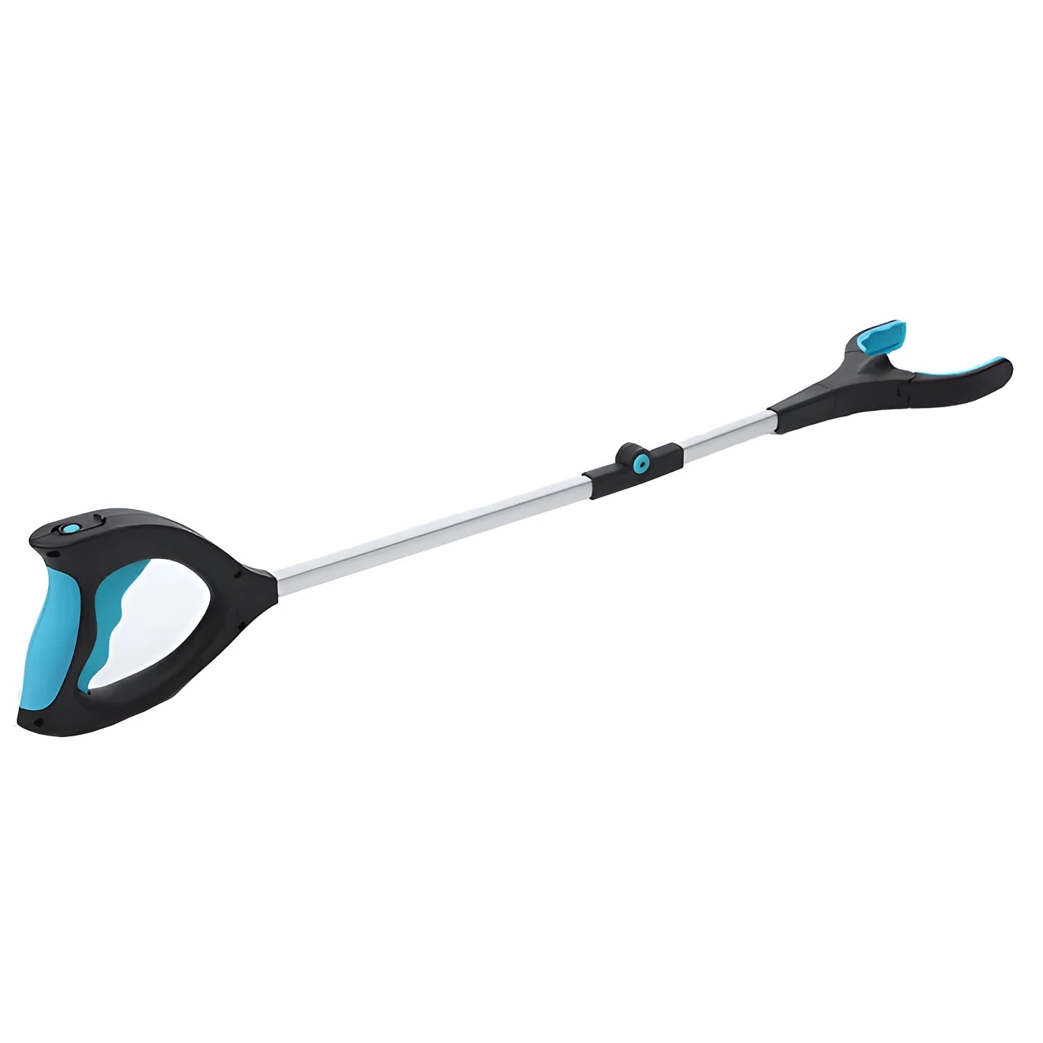 Blue foldable portable pickup tool with telescopic handle extended to 83.5 cm next to folded 13 cm version
