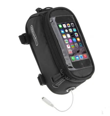 ROSWHEEL black waterproof bicycle frame bag mounted on bike tube holding a mobile phone.