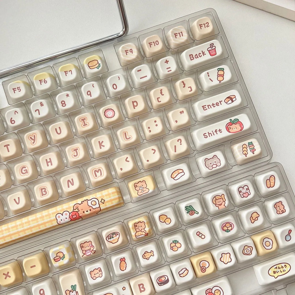 Rabbit Bear Restaurant themed mechanical keyboard keycap set showing PBT construction and thermal sublimation printing